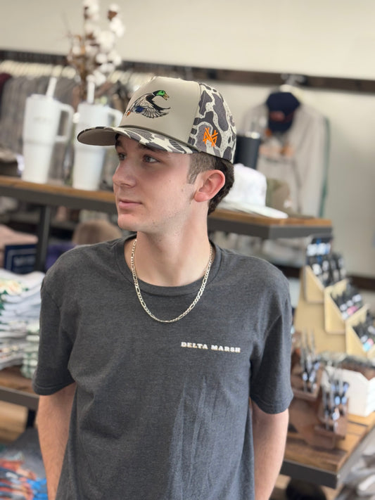 MHC Mallard Trucker Hat: Pacific Tan Front/Camo Back