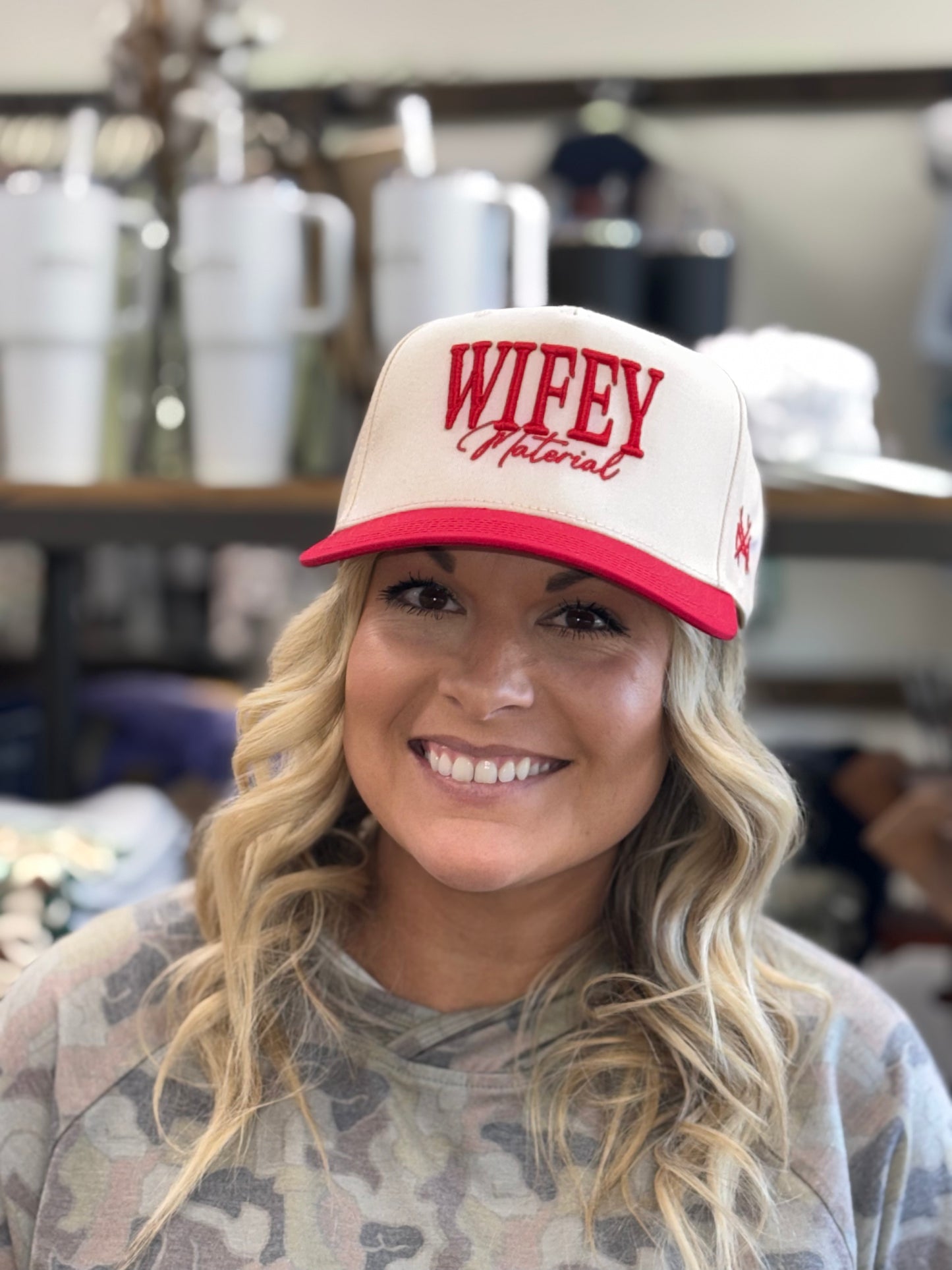 MHC Wifey Material Trucker Hat: Red/Natural Otto