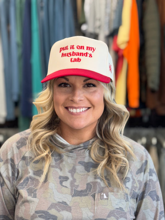 MHC Put it on my Husband's Tab Trucker Hat: Red/Natural Otto