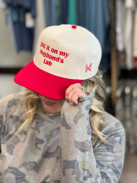 MHC Put it on my Husband's Tab Trucker Hat: Red/Natural Otto
