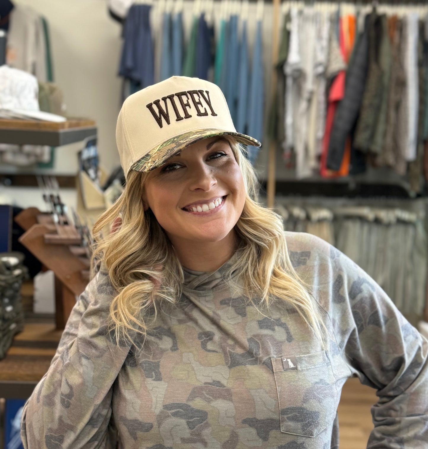 MHC Wifey Trucker Hat: Camo/ Natural Otto