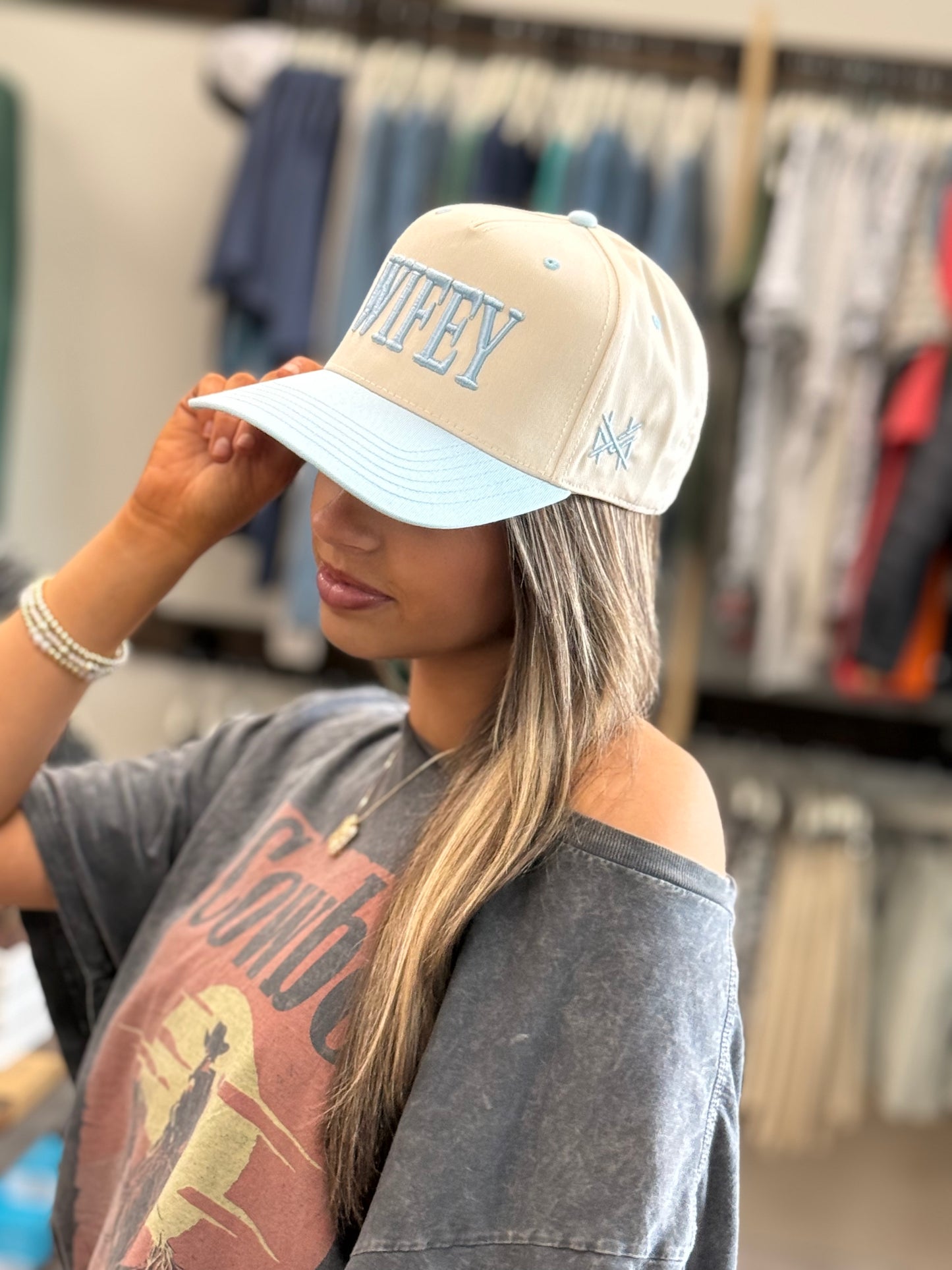 MHC Wifey Trucker Hat: Powder Blue/Natural Otto