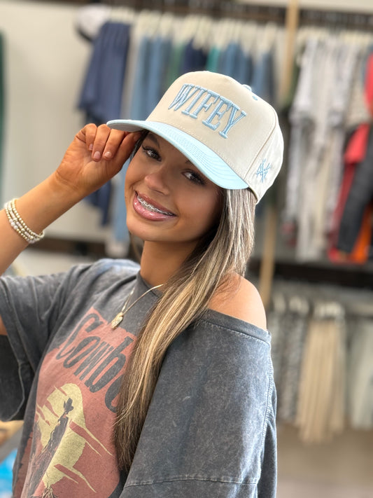 MHC Wifey Trucker Hat: Powder Blue/Natural Otto