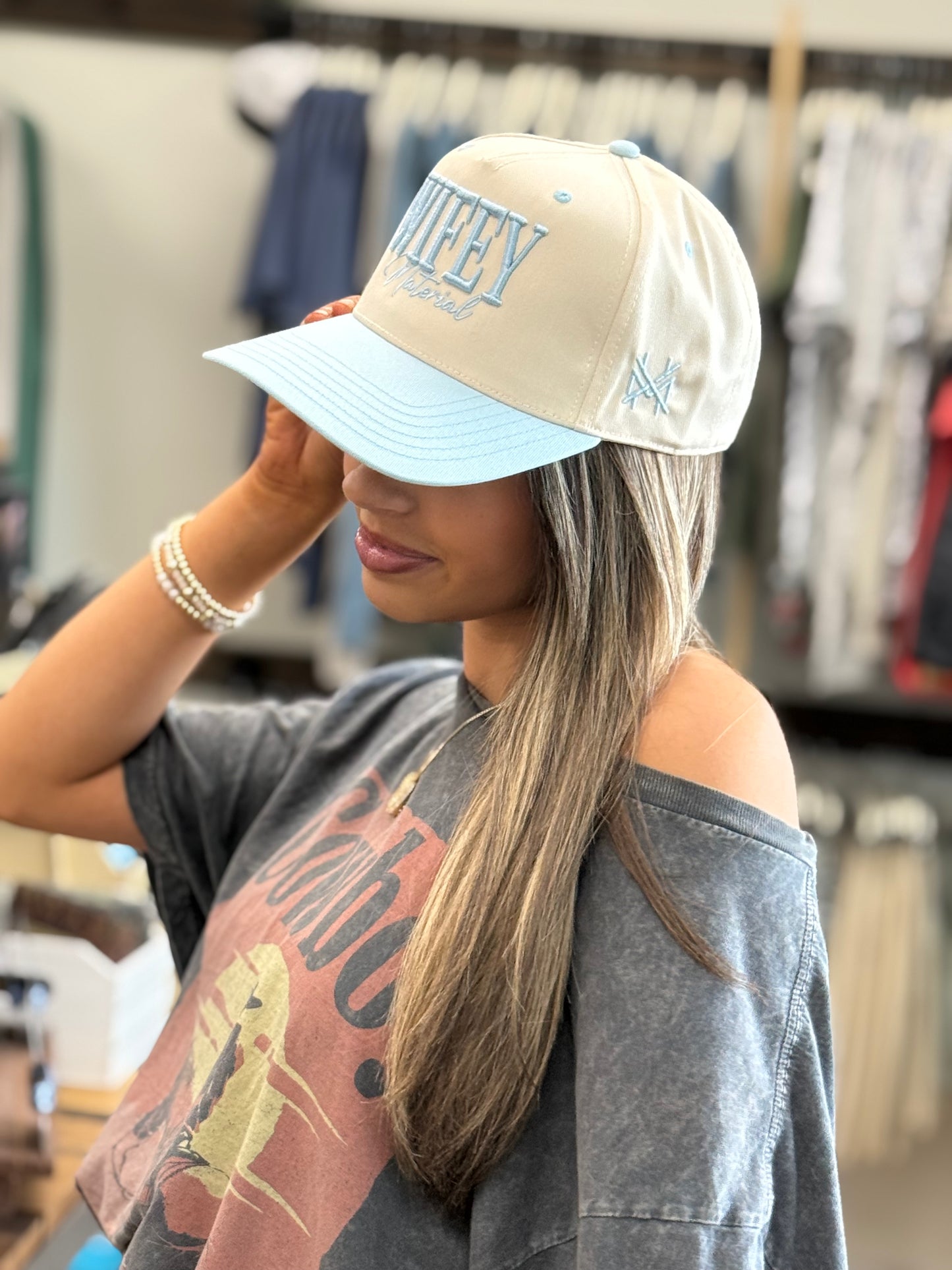 MHC Wifey Material Trucker Hat: Powder Blue/Natural Otto