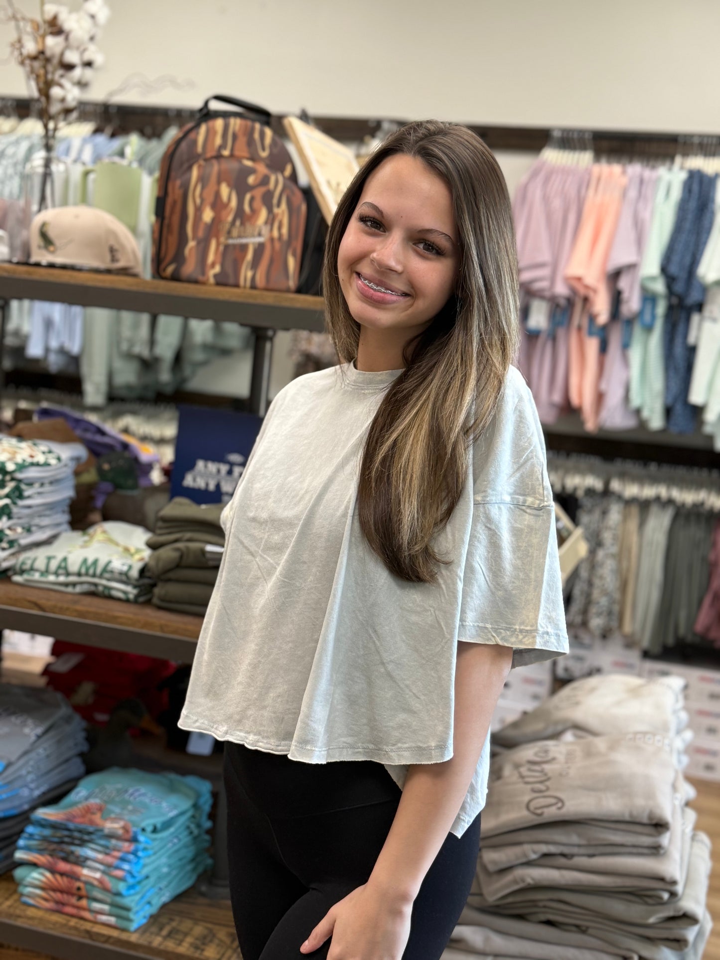 Crinkle Washed Cotton Round Neck Short Sleeve Top - Lt Grey - CTW-3353A5