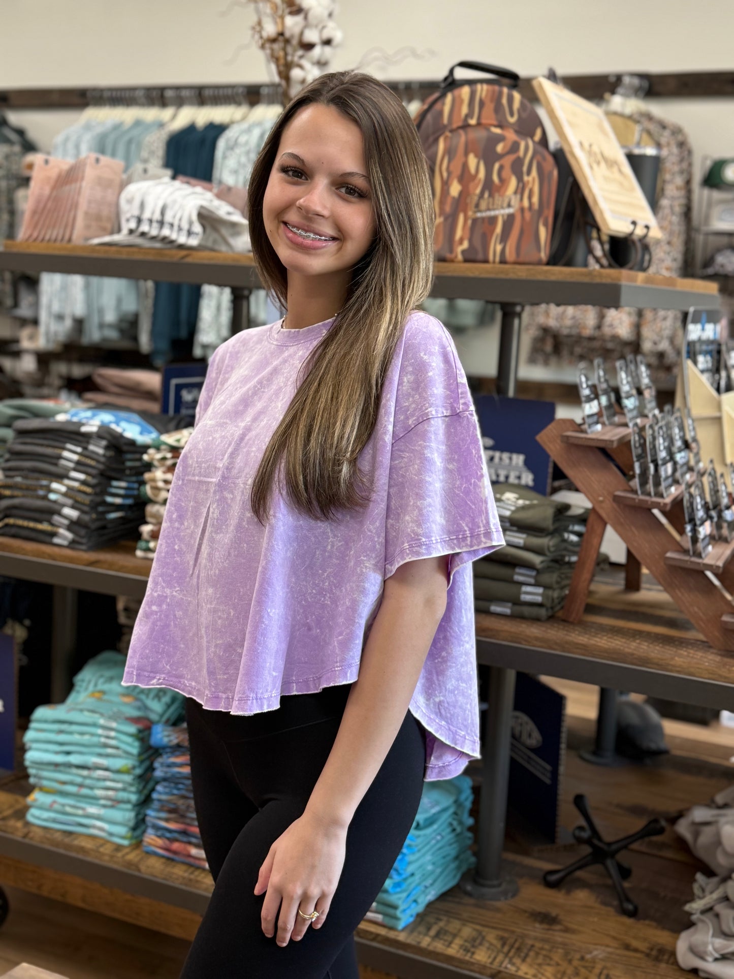 Crinkle Washed Cotton Round Neck Short Sleeve Top - B Lavender - CTW-3353A5