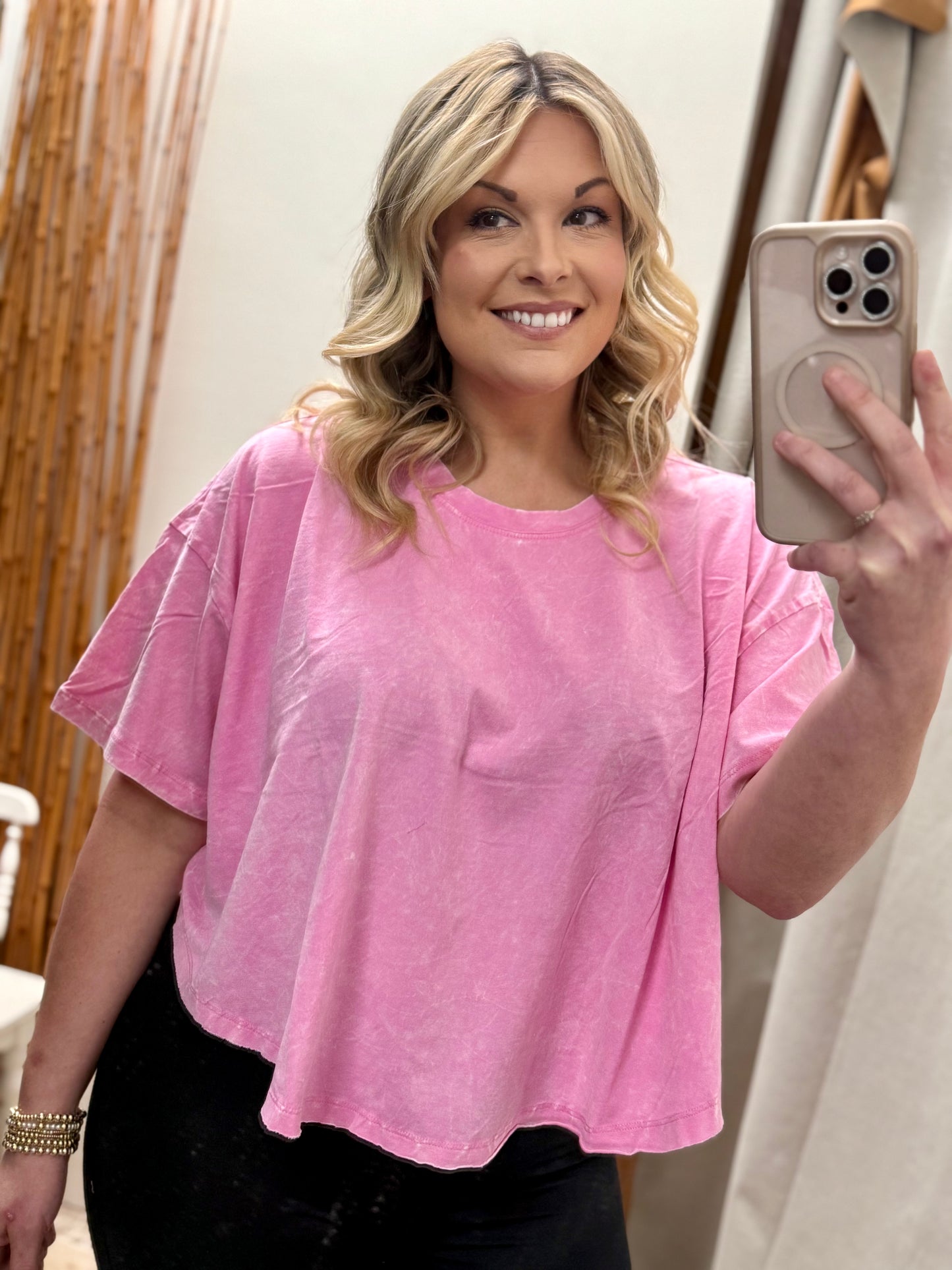 Crinkle Washed Cotton Round Neck Short Sleeve Top - Candy Pink - CTW-3353A5