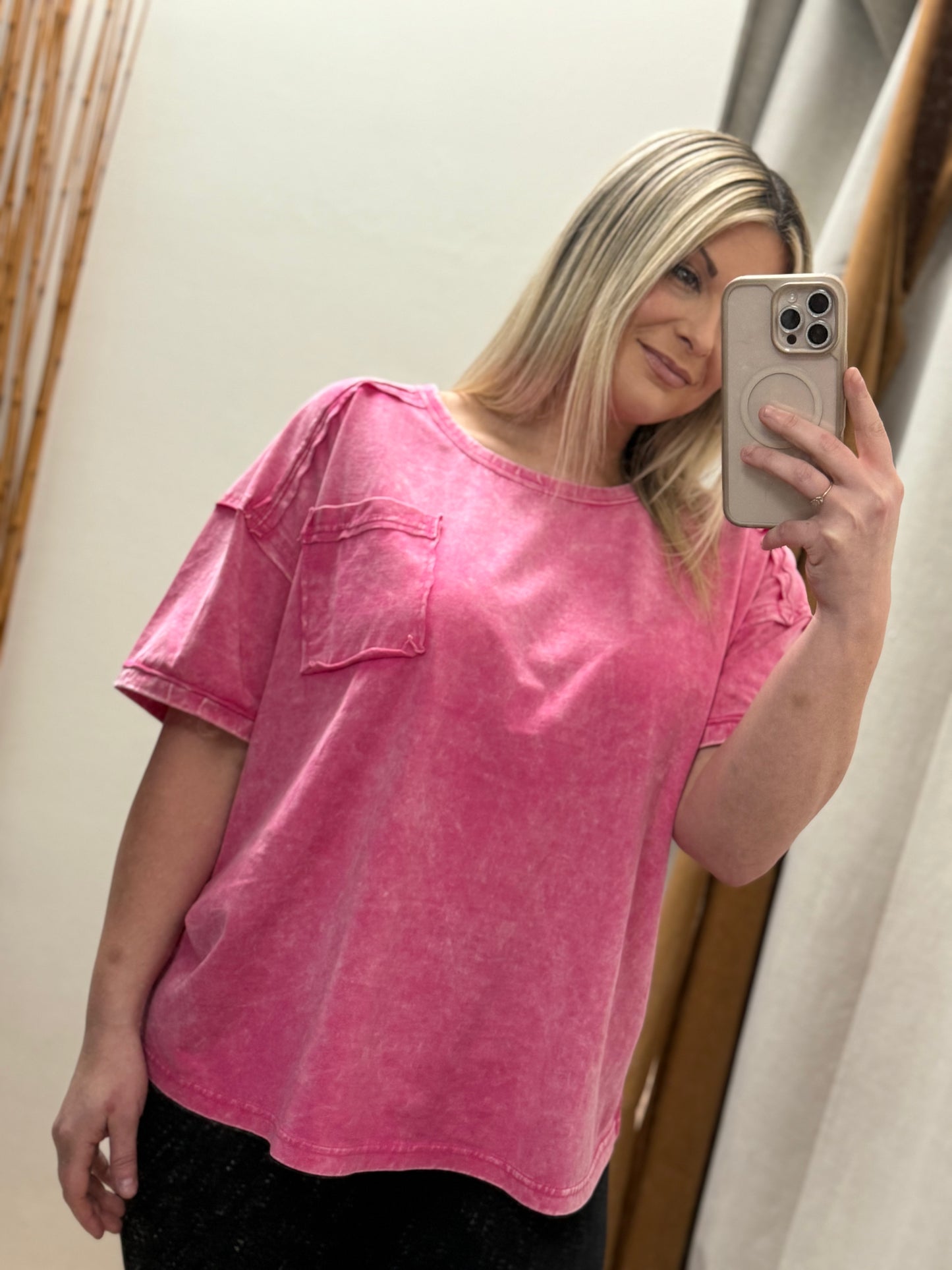 Plus Size Acid Washed Round Neck T-shirts - Hot Pink - CTW-3402X5