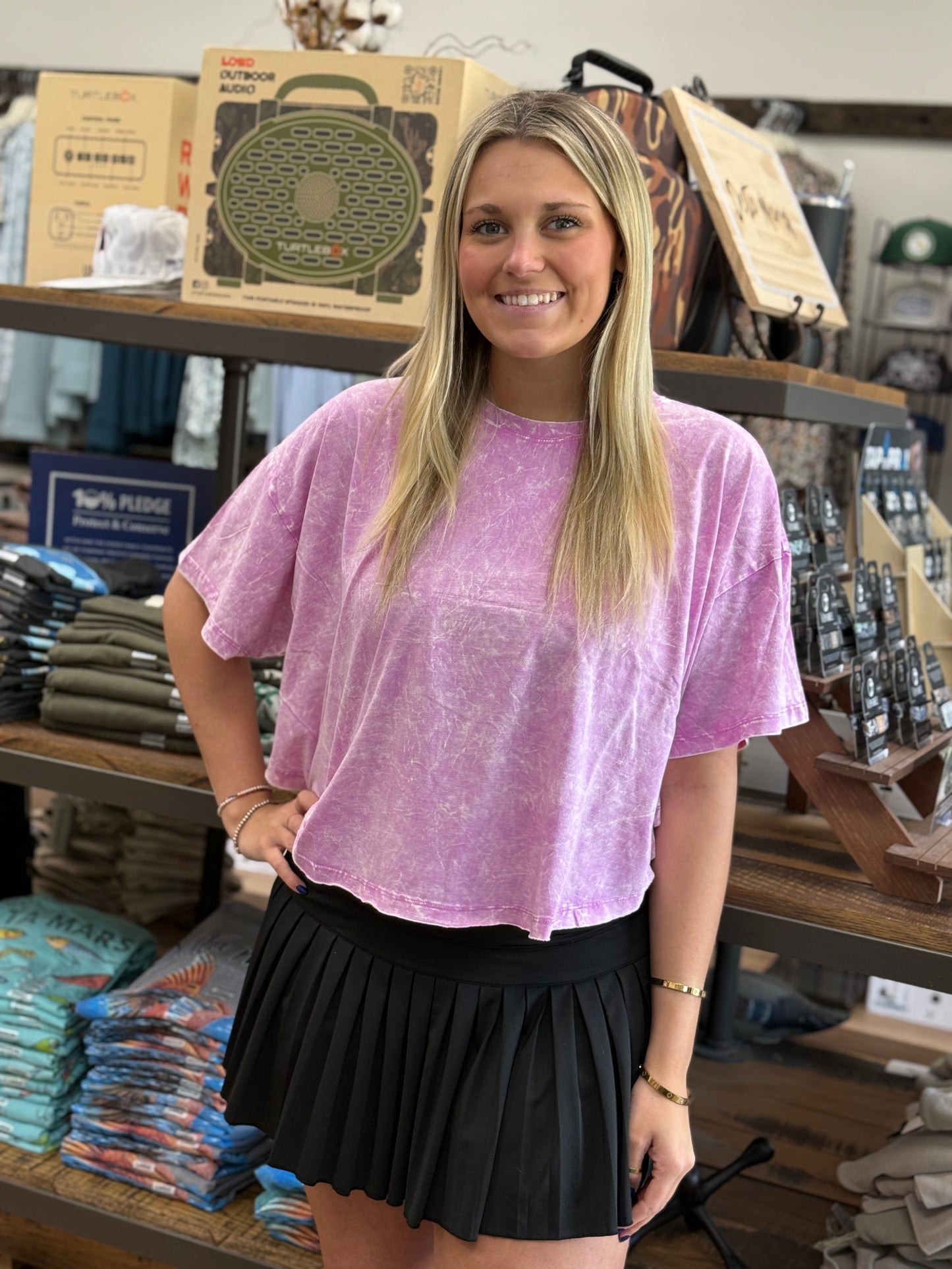 Crinkle Washed Cotton Round Neck Short Sleeve Top - Bright Mauve - CTW-3353A5