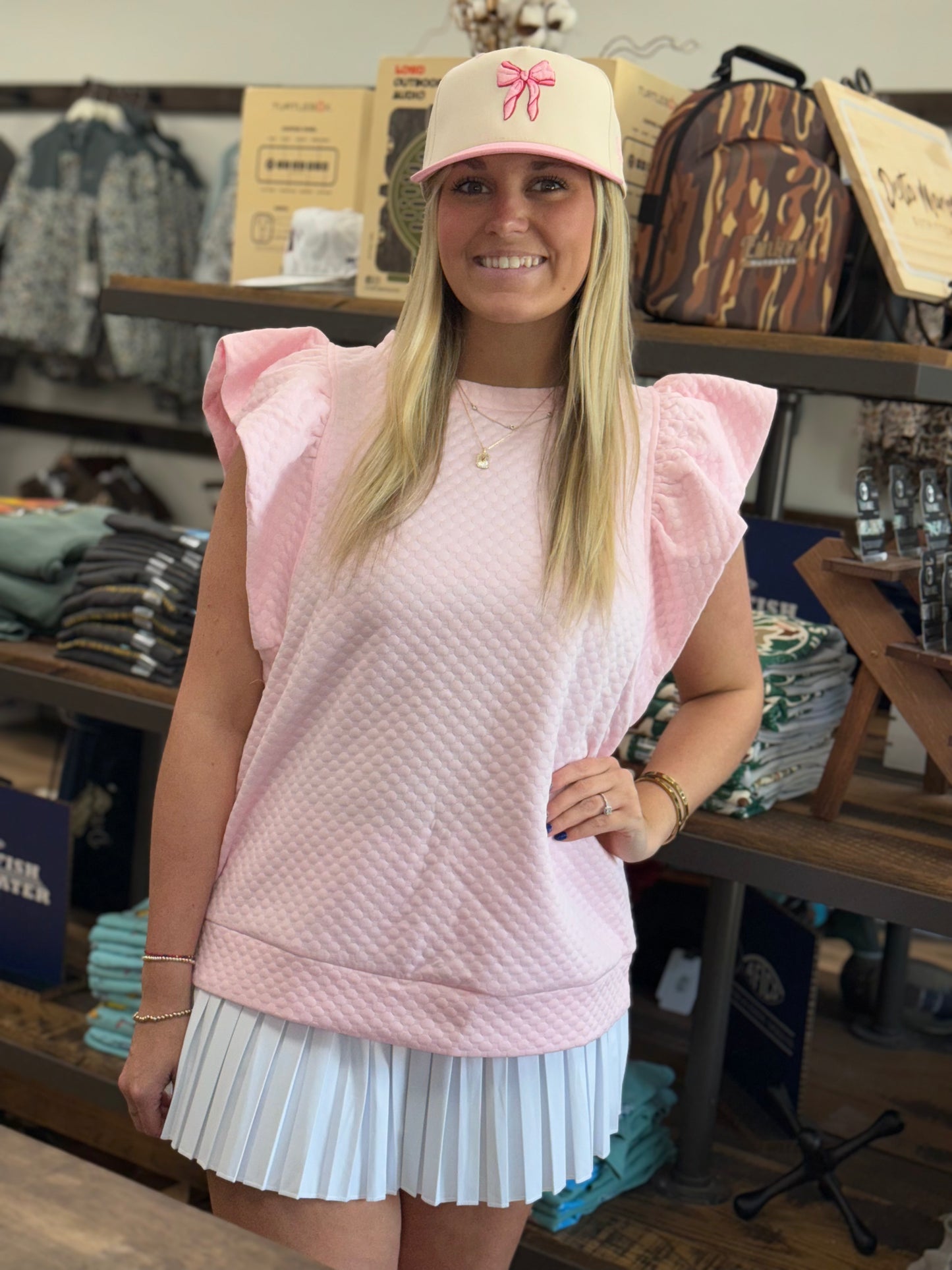 Textured Ruffle Short Sleeve Top: Pink