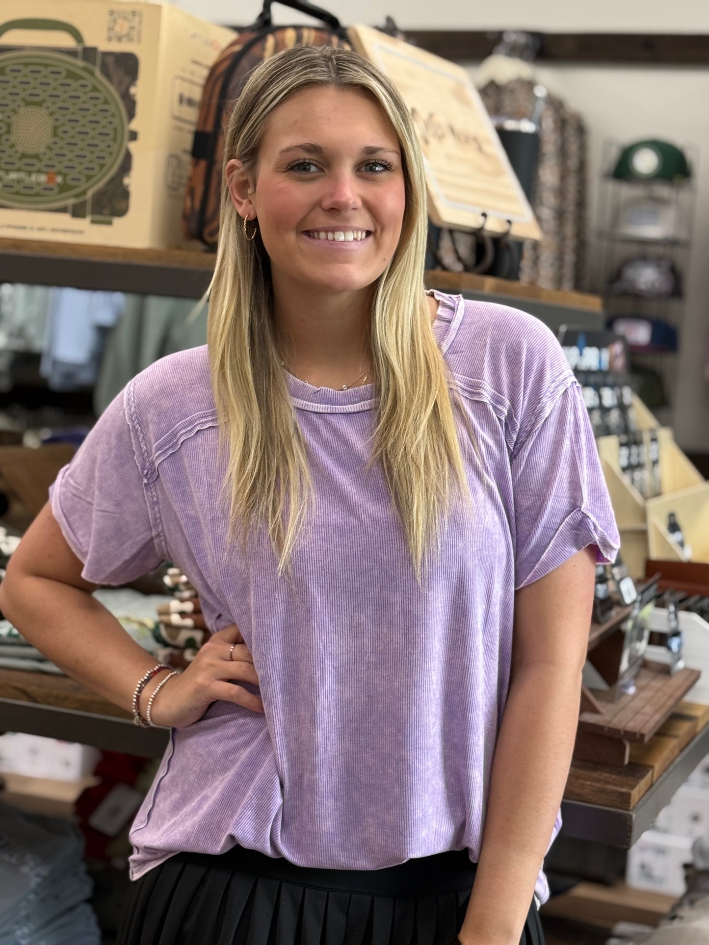 WASHED RIBBED SHORT SLEEVE BOAT-NECK TOP - Lavender - RTW- 8393A