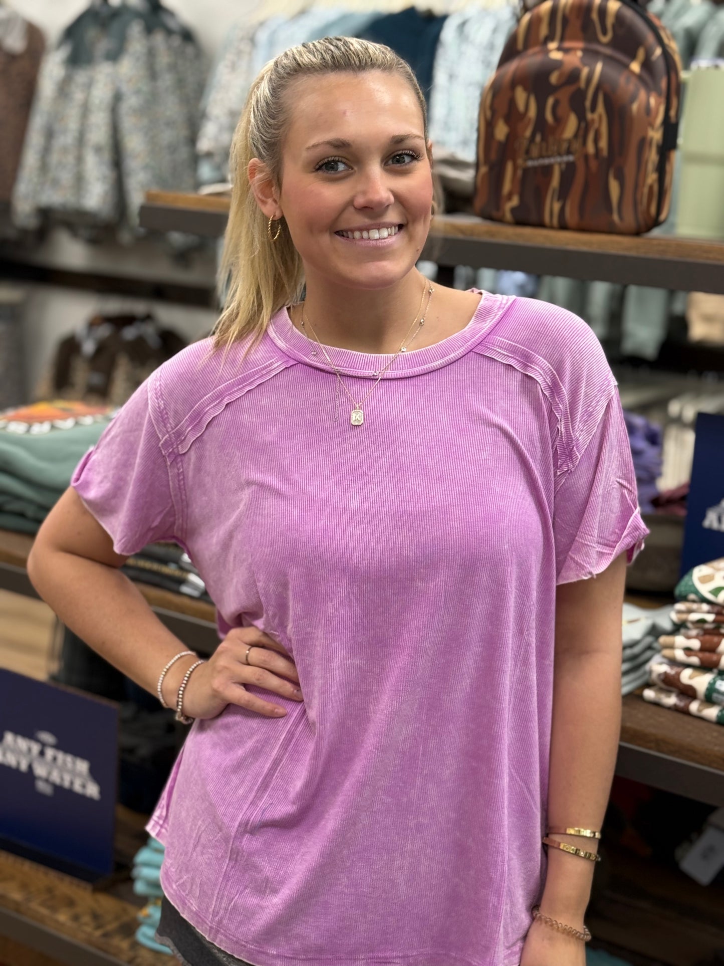 WASHED RIBBED SHORT SLEEVE BOAT-NECK TOP - Bright Mauve - RTW- 8393A