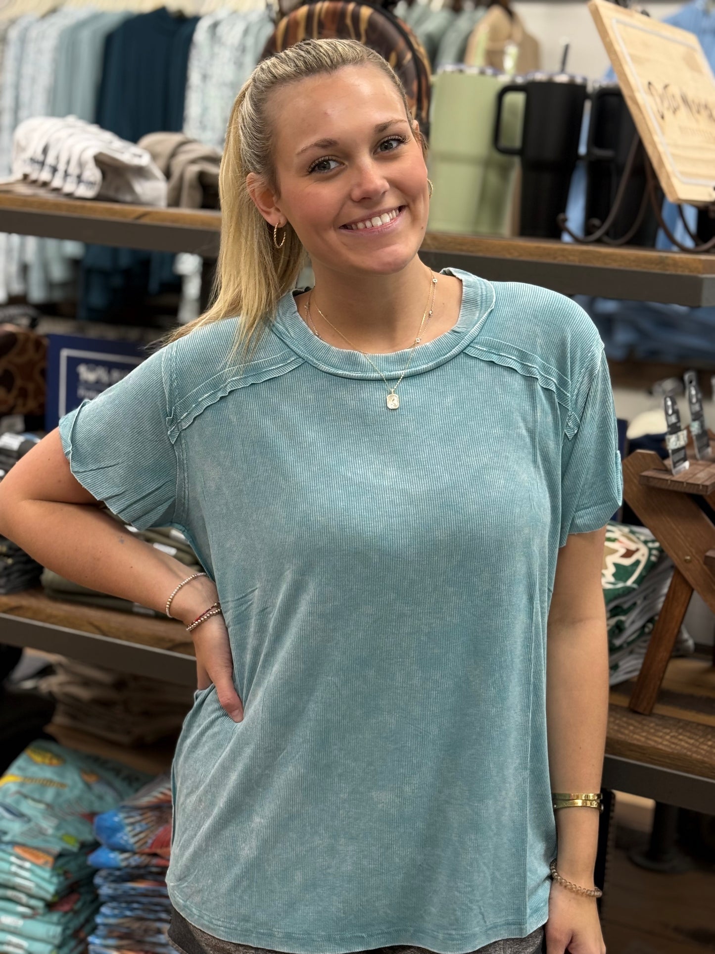 WASHED RIBBED SHORT SLEEVE BOAT-NECK TOP - Dusty Teal - RTW- 8393A