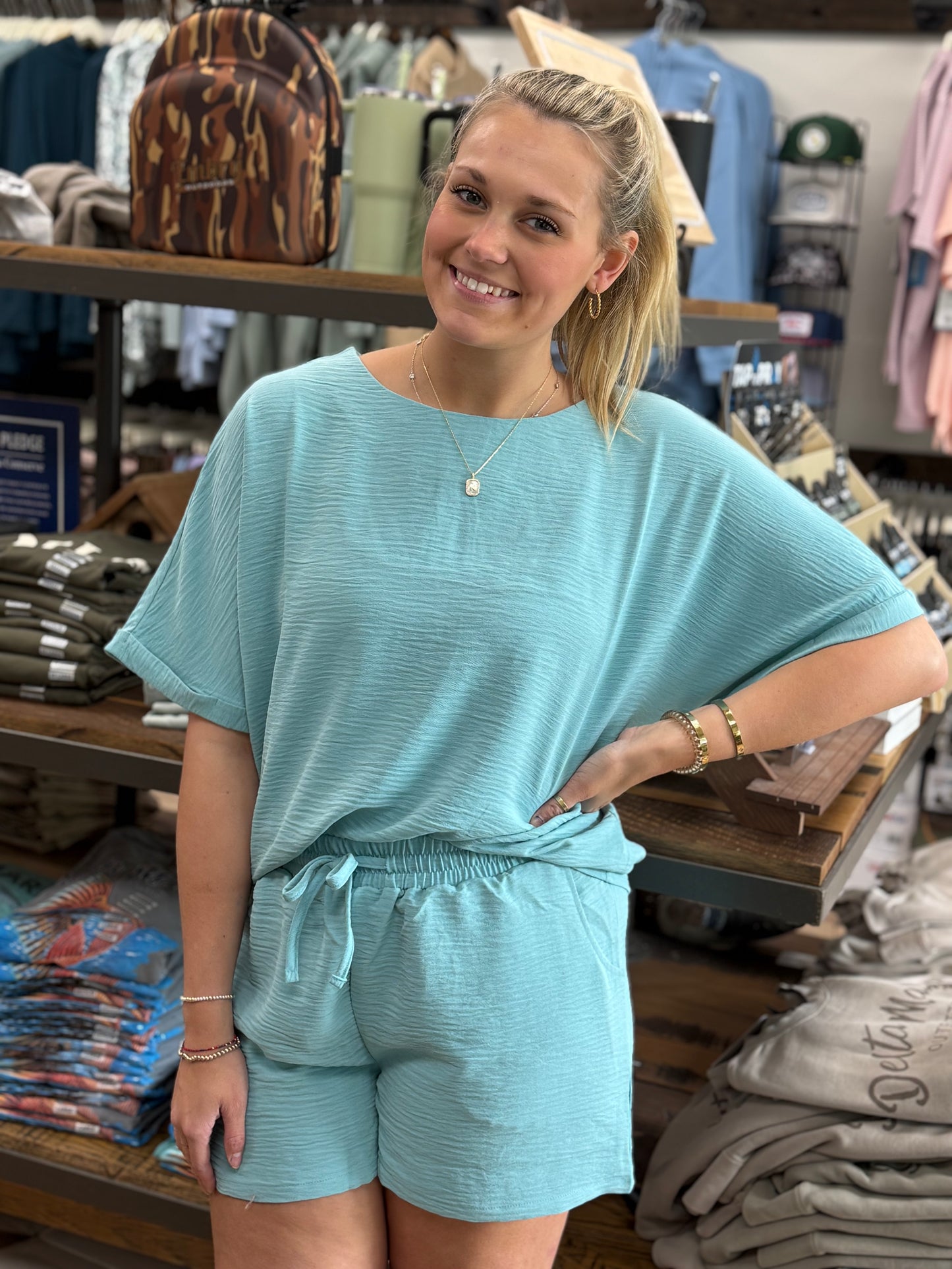 Woven Airflow Top & Shorts Set - Dusty Teal - QTQP-7306D4