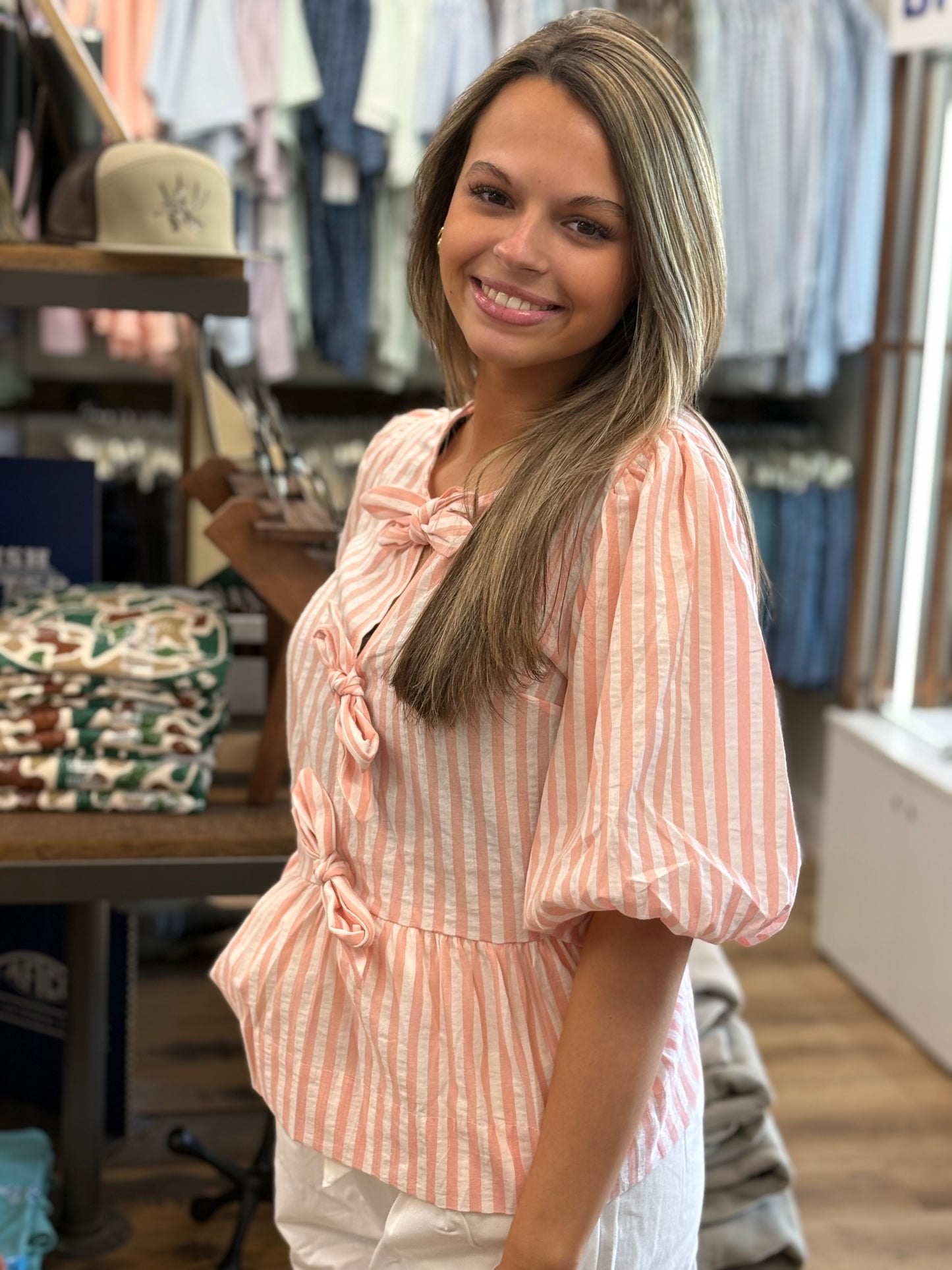 1/3 Open Tie Front Striped Puff Sleeve Blouse Top VT82682: Coral