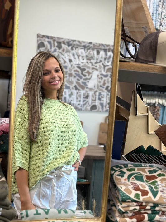 Crew Neck Crochet Textured Knitted Sweater Top VT81841-: Sage