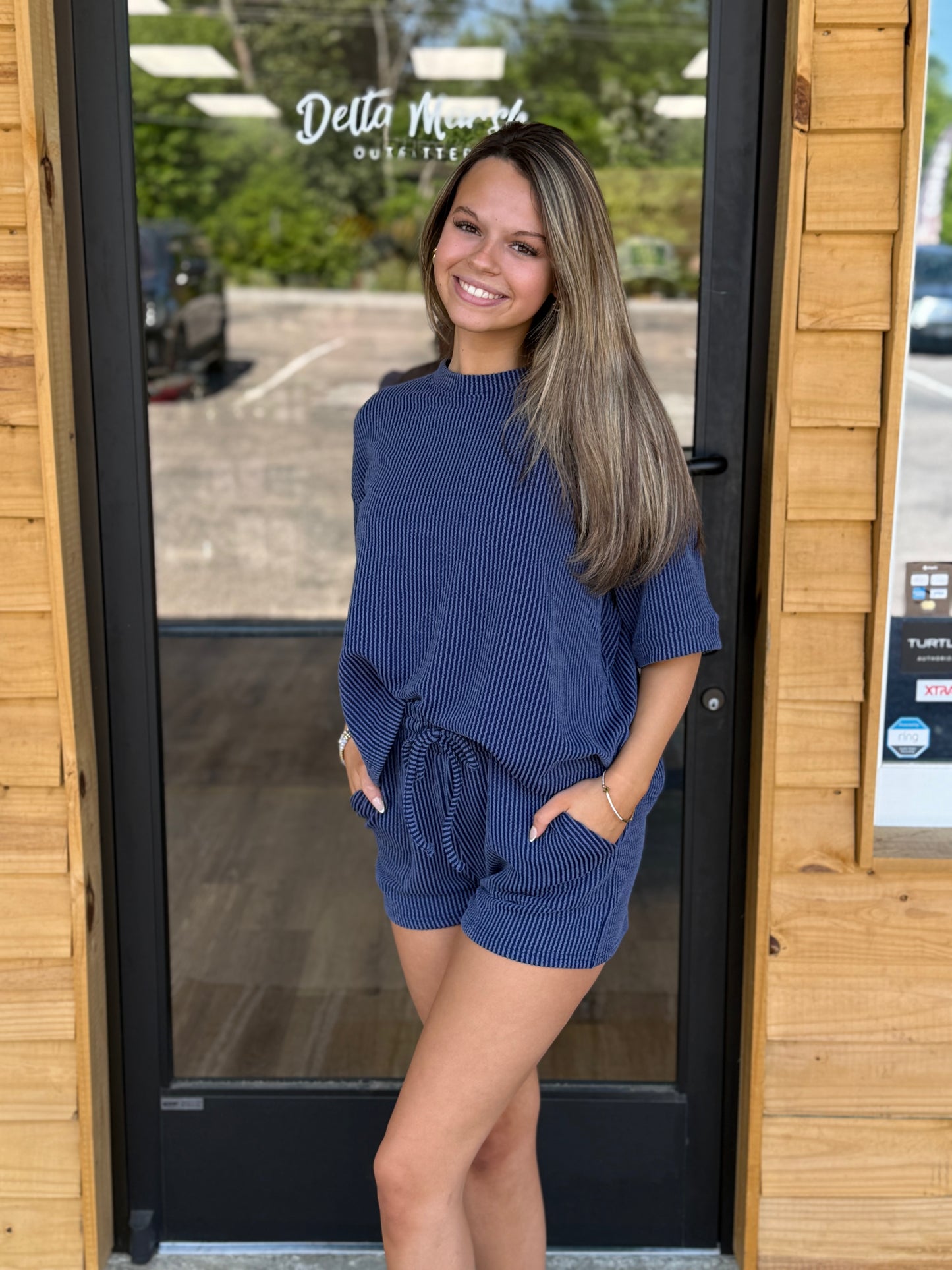 Corded Rib Short Sleeve Tee & Short Pants Set - RTLRPL-8588 - Navy