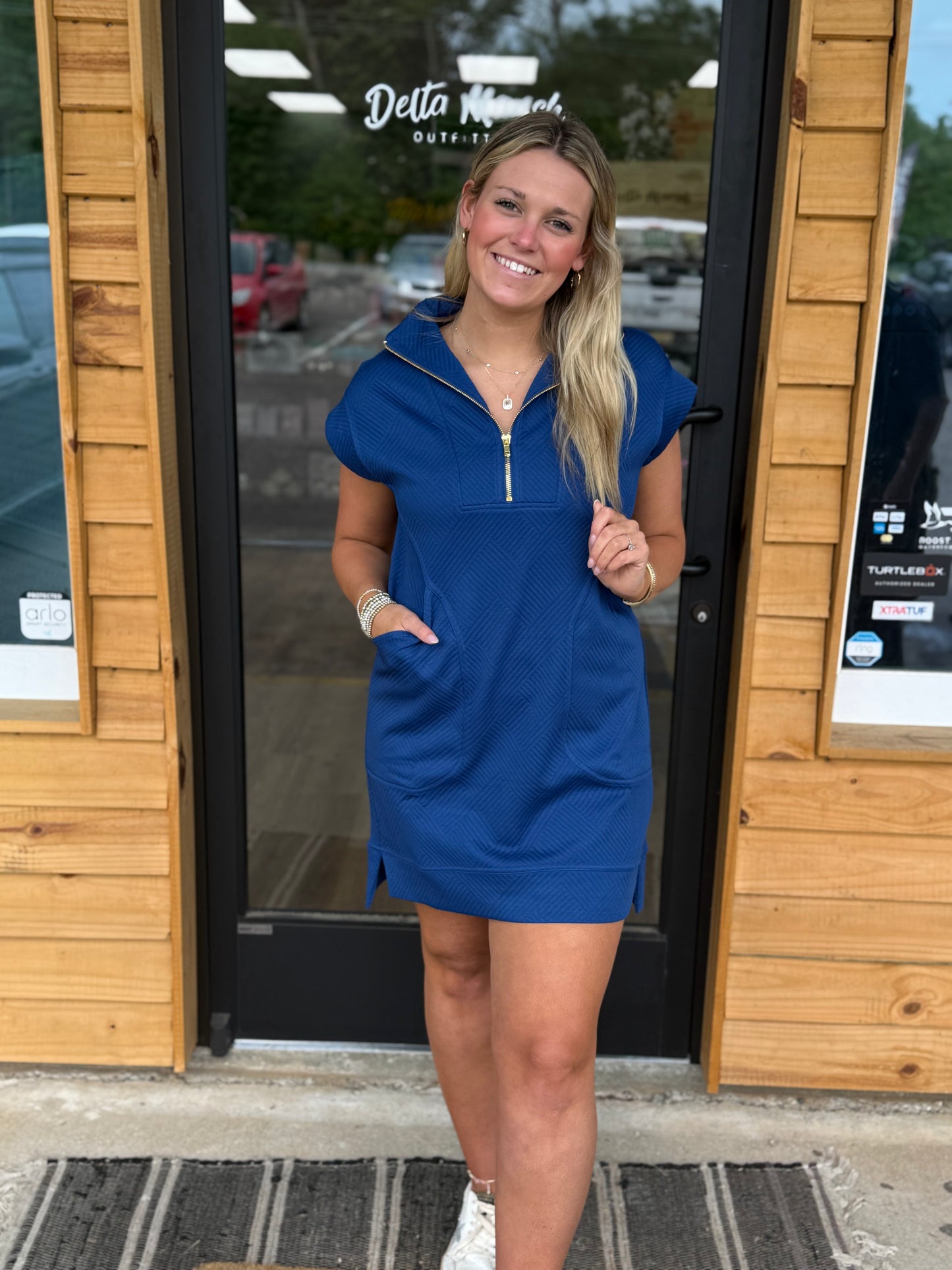 Textured Knit Jacquard Quarter Zipper Mini Dress - Lt Navy