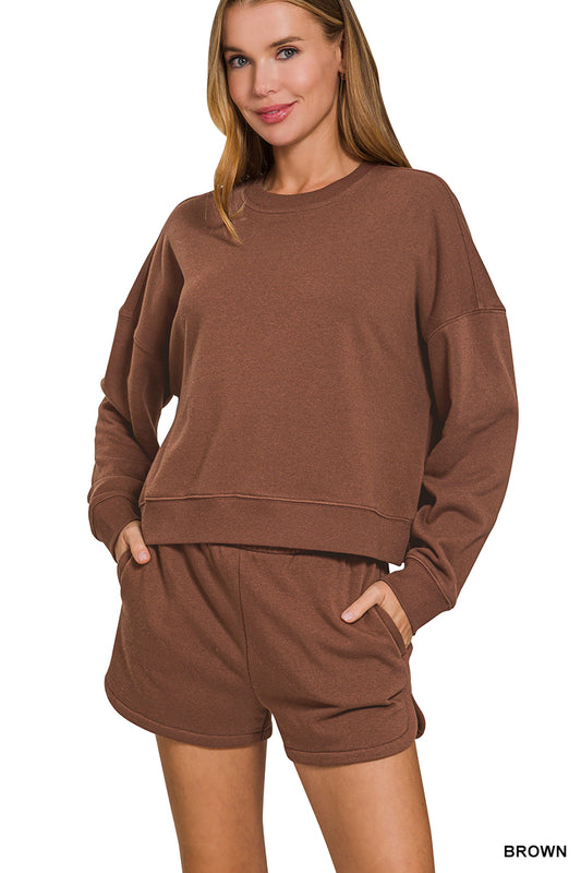 Fleece Long Sleeve Sweatshirts & Shorts Set - Brown - OTOP-4389