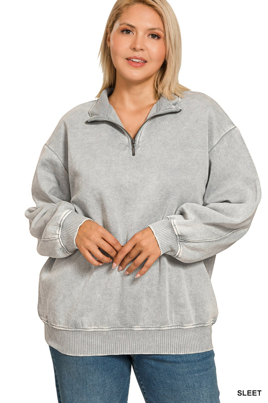 Plus Size Acid Wash Fleece Half Zip Pullover - Sleet