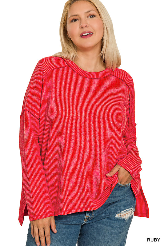 Plus raised rib raw edge boat neck long sleeve top - Ruby