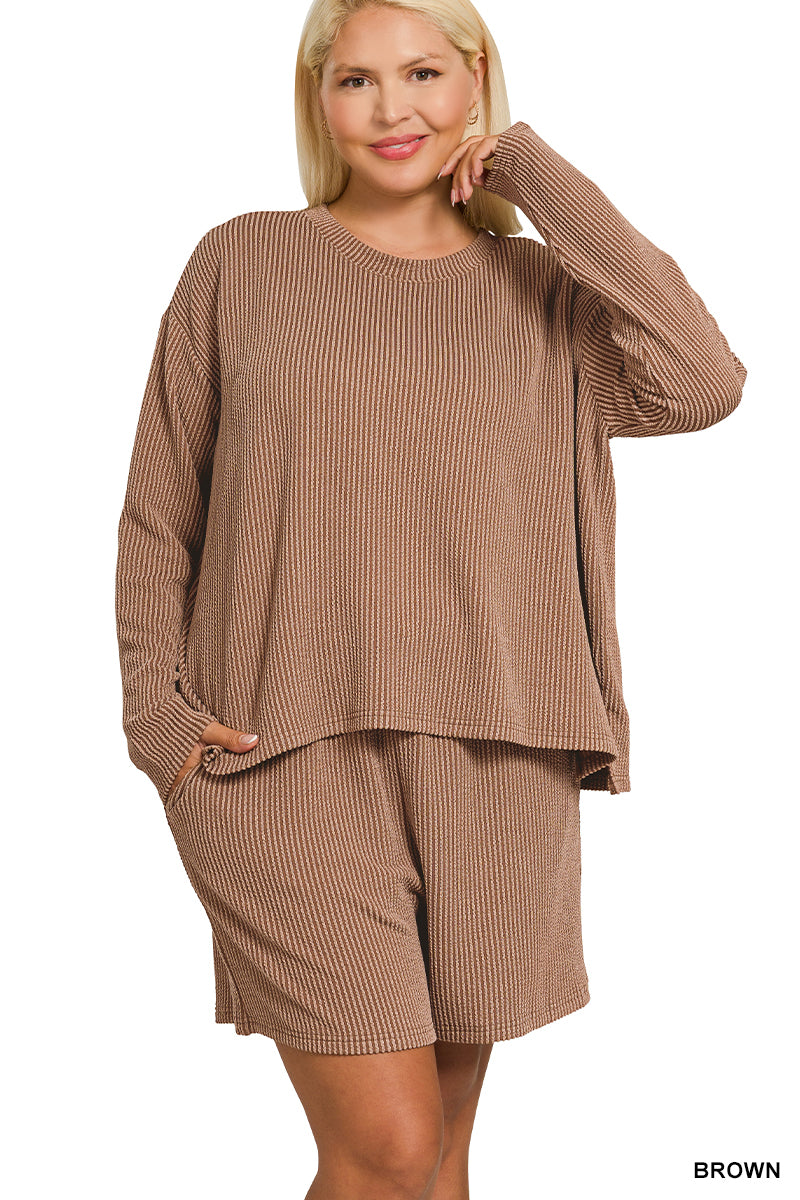 Plus Size Raised Rib Long Sleeve Tee & Shorts Set - Brown