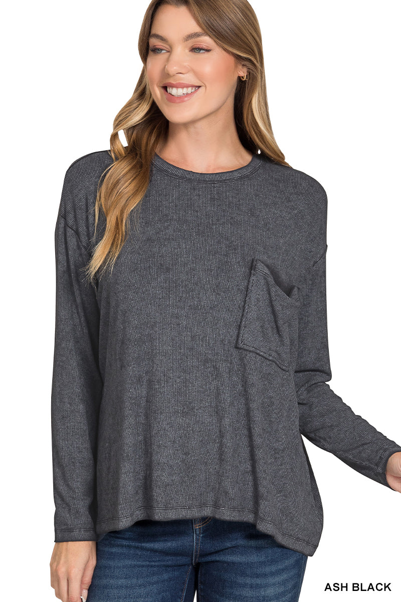 Washed Ribbed Dolman Sleeve Round Neck Top - Ash Black - RTW-8444A