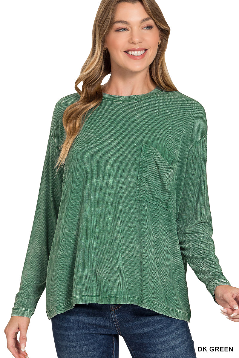 Washed Ribbed Dolman Sleeve Round Neck Top - Dark Green - RTW-8444A