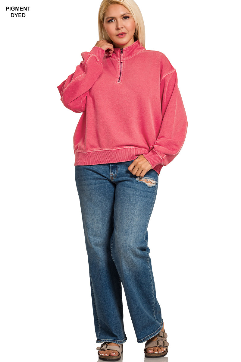 Plus f/terry pigment dye & enzyme washed half zip pullover - DK Red - TTW-5282X5