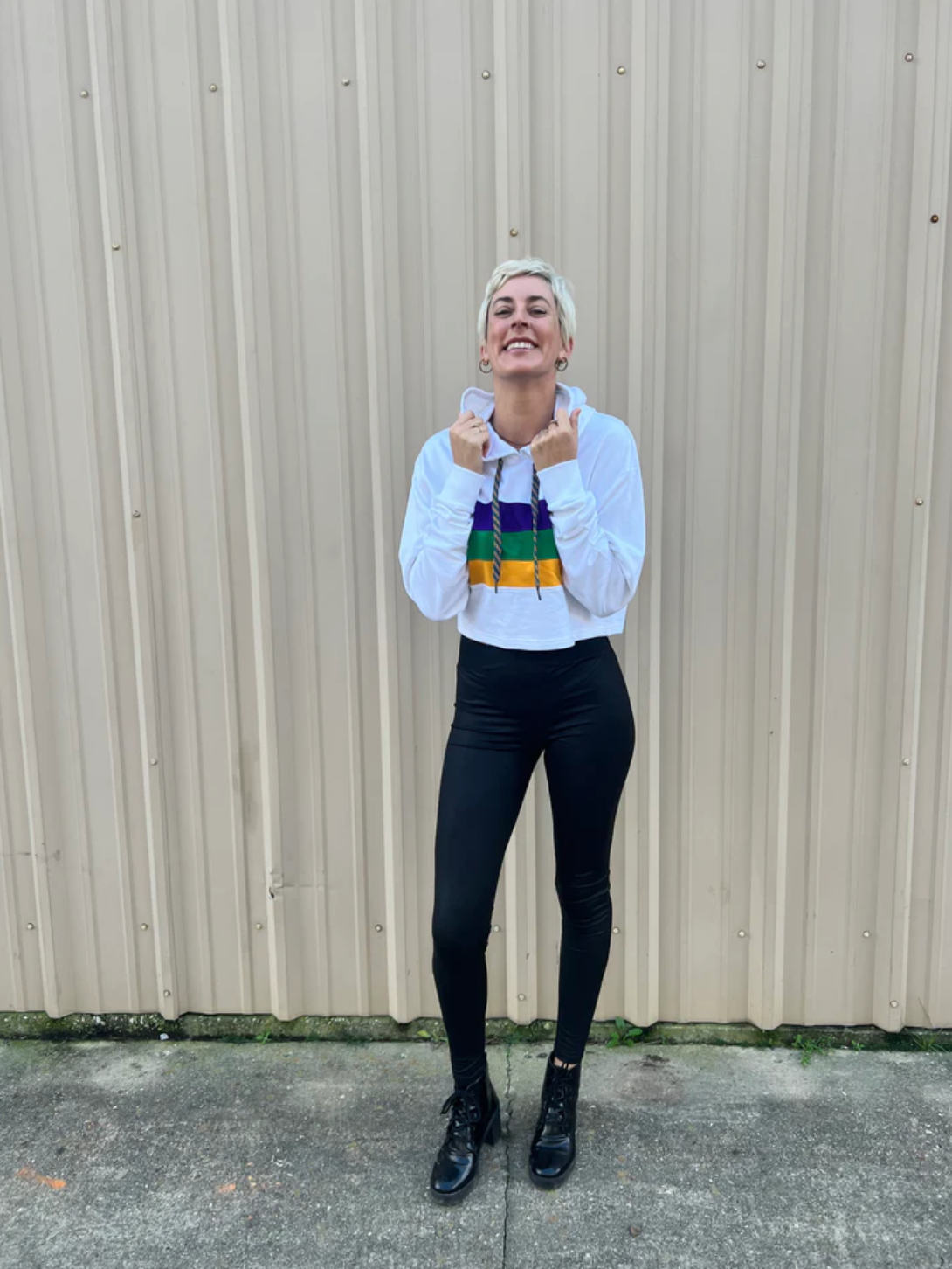 White Chest Stripe Junior/Misses Pullover Crop Hoodie