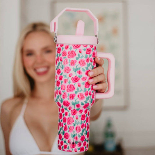 Whimsical Roses Stainless Steel Tumbler: Light Pink