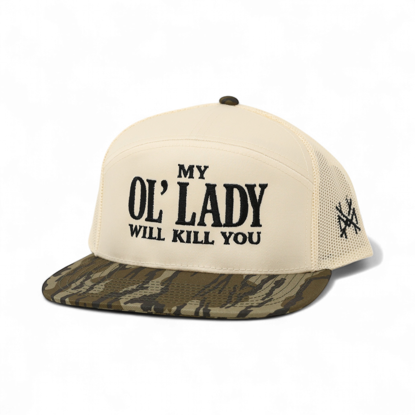 My Ol Lady Will Kill You Trucker Hat: 7 Panel Bottomland/ Natural