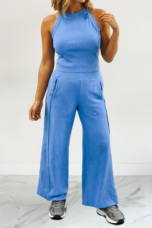 LAS Ribbed Tank Top and Sweatpants Set : Sky Blue / Missy