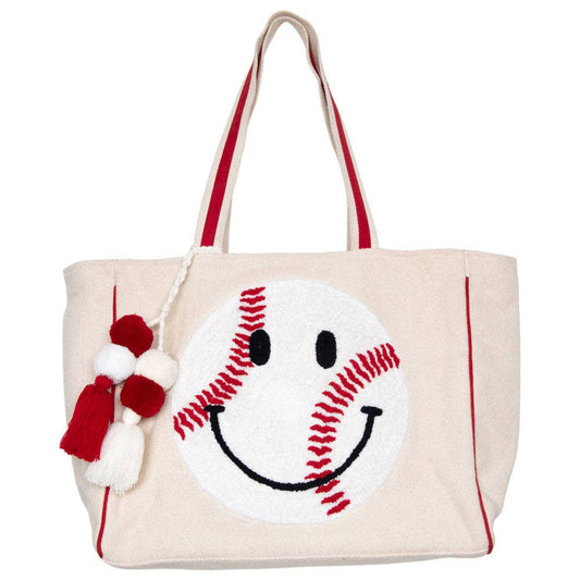 Baseball Oversized Happy Face Tote Bag for Women: Beige Canvas