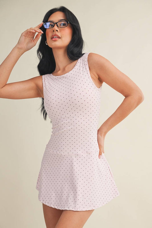 Polka Dot Print A-Line Mini Dress with Drop Waist: Pink Polka Dot