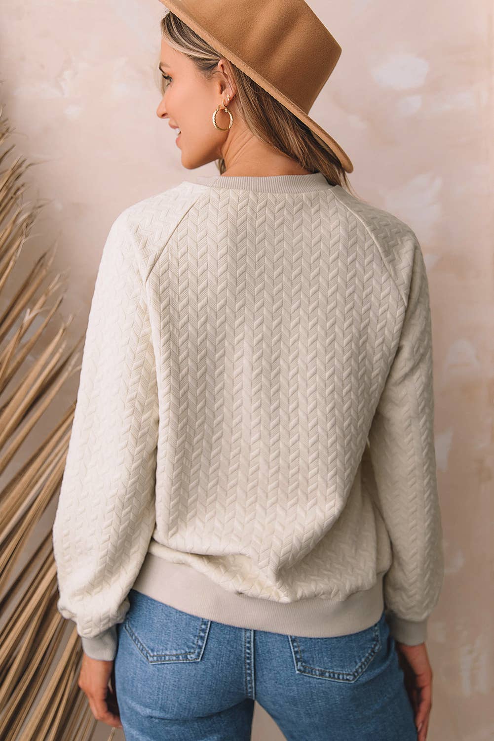 Solid Textured Raglan Sleeve Pullover Sweatshirt: Beige / L