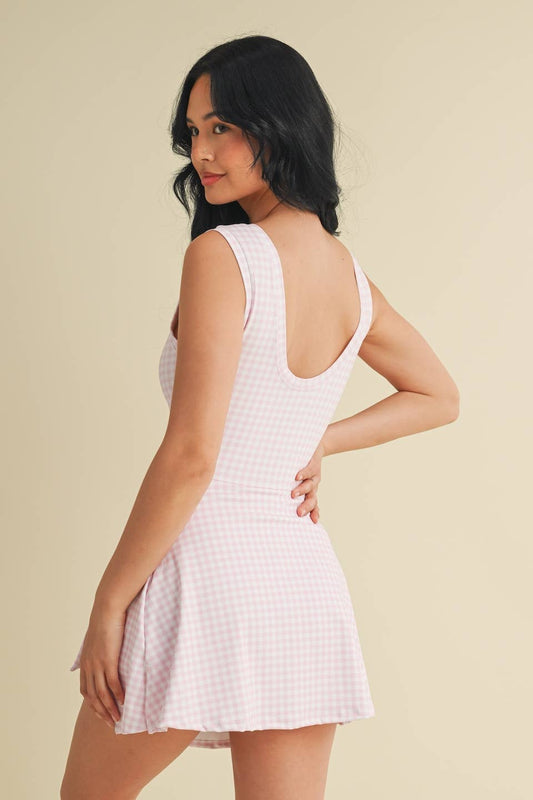 Gingham Print Sleeveless Wrap Tie Front Dress : Pink Gingham