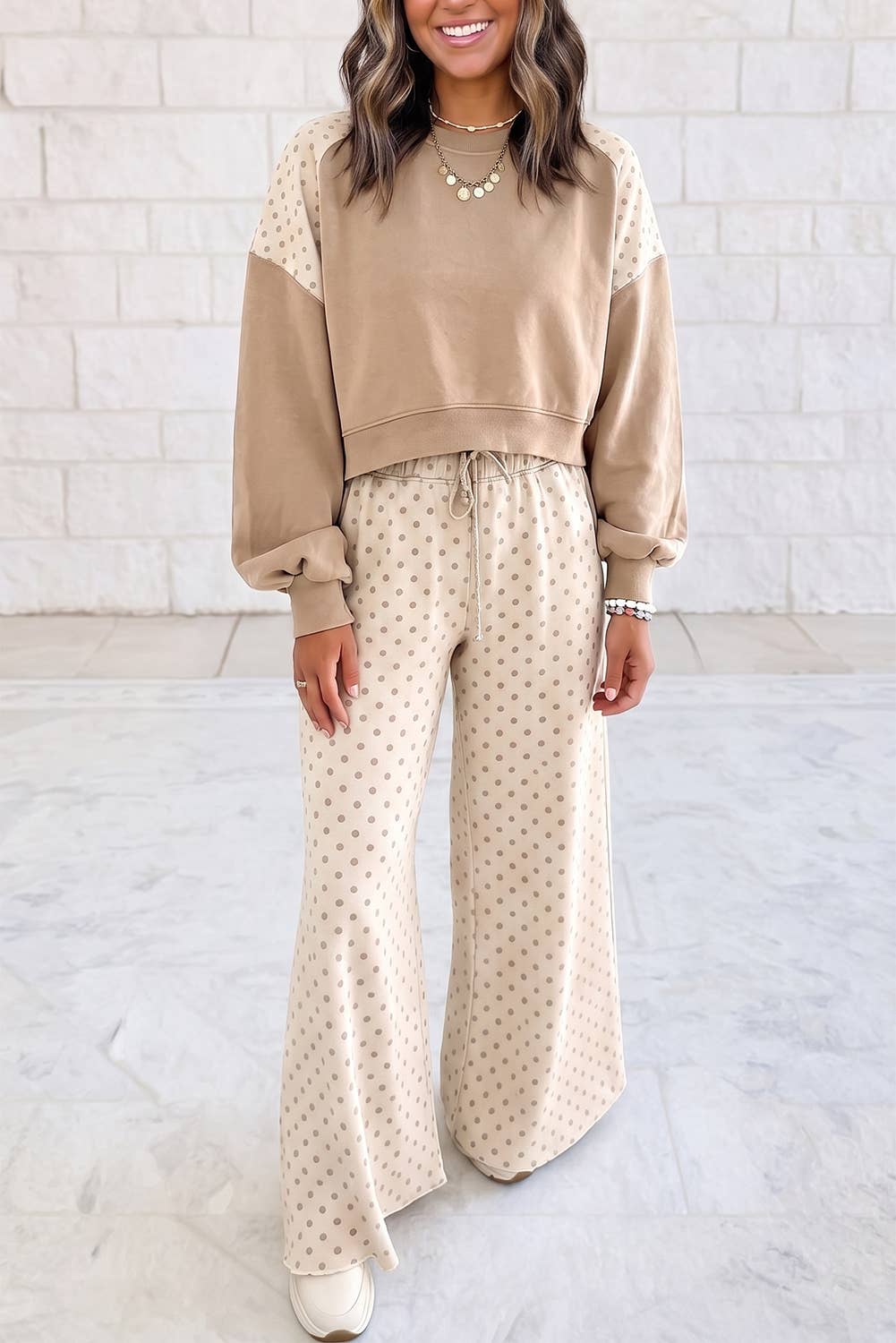 Polka Dot Patchwork Long Sleeve Casual Two Piece Set- Khaki