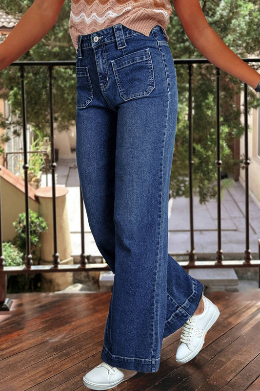 Wide Leg Pocketed High Waist Jeans: Sail Blue / 10