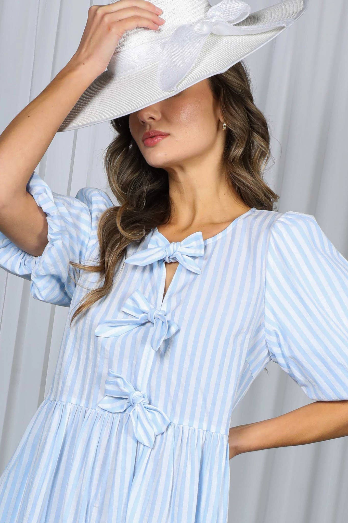 1/3 Open Tie Front Striped Puff Sleeve Blouse Top VT82682: Blue