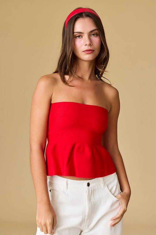 Ellie Strapless Knit Peplum Top: Red