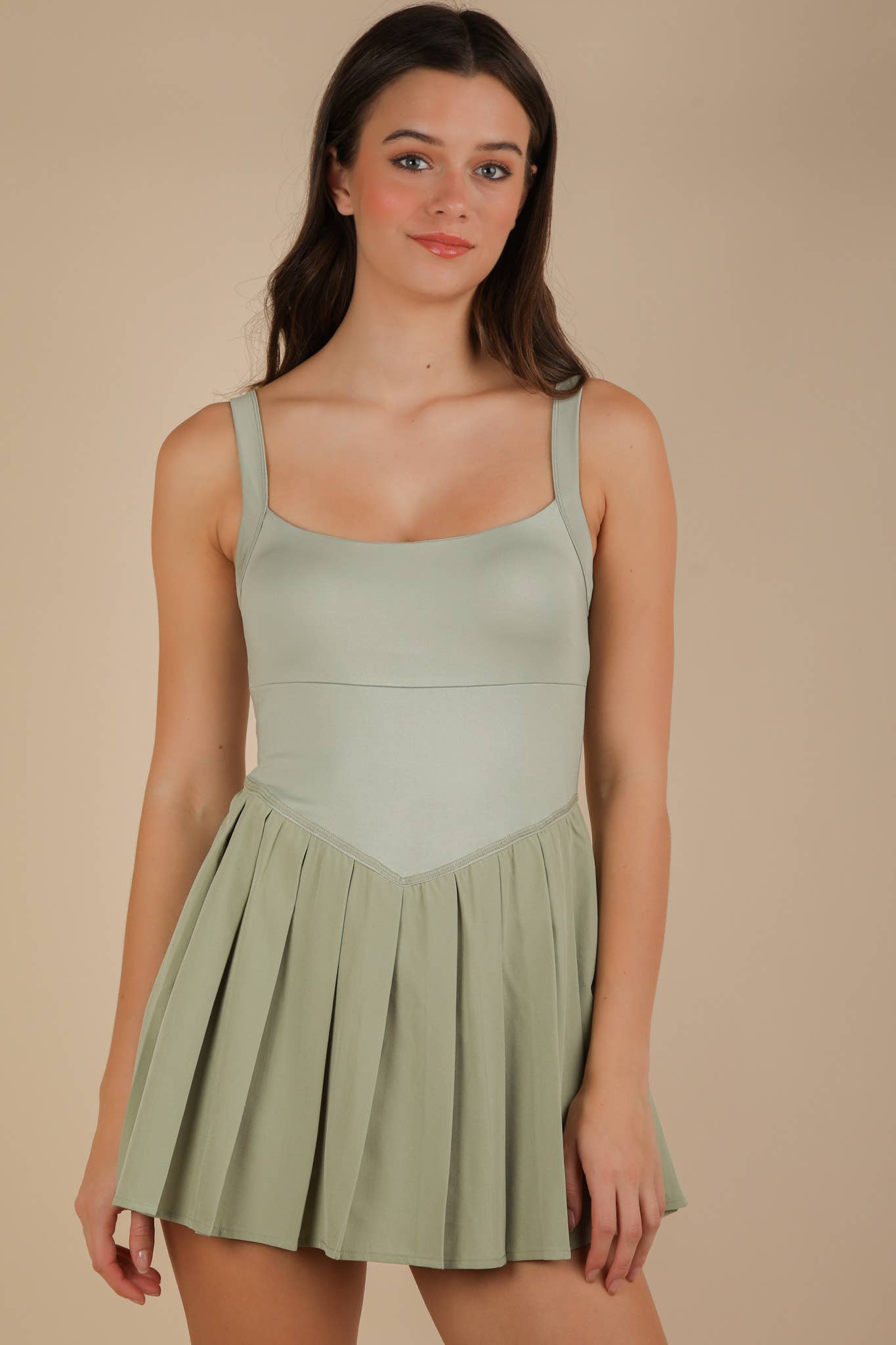 ND31725-Pleated Skirt Activewear Dress W/ Under Shorts: SAGE