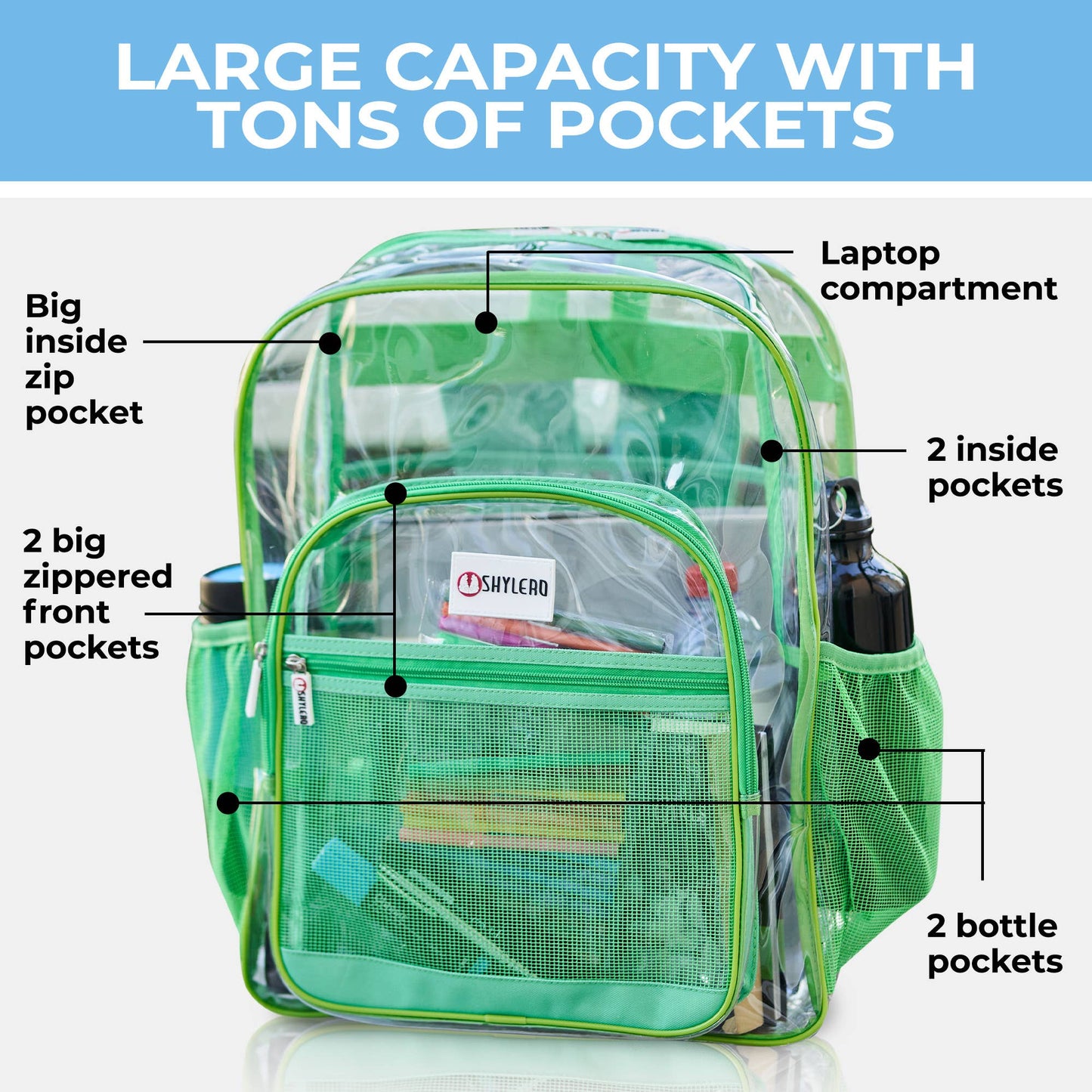 Clear Backpack For School XL | Top YKK® Zip | Green Rhino: Green Rhino