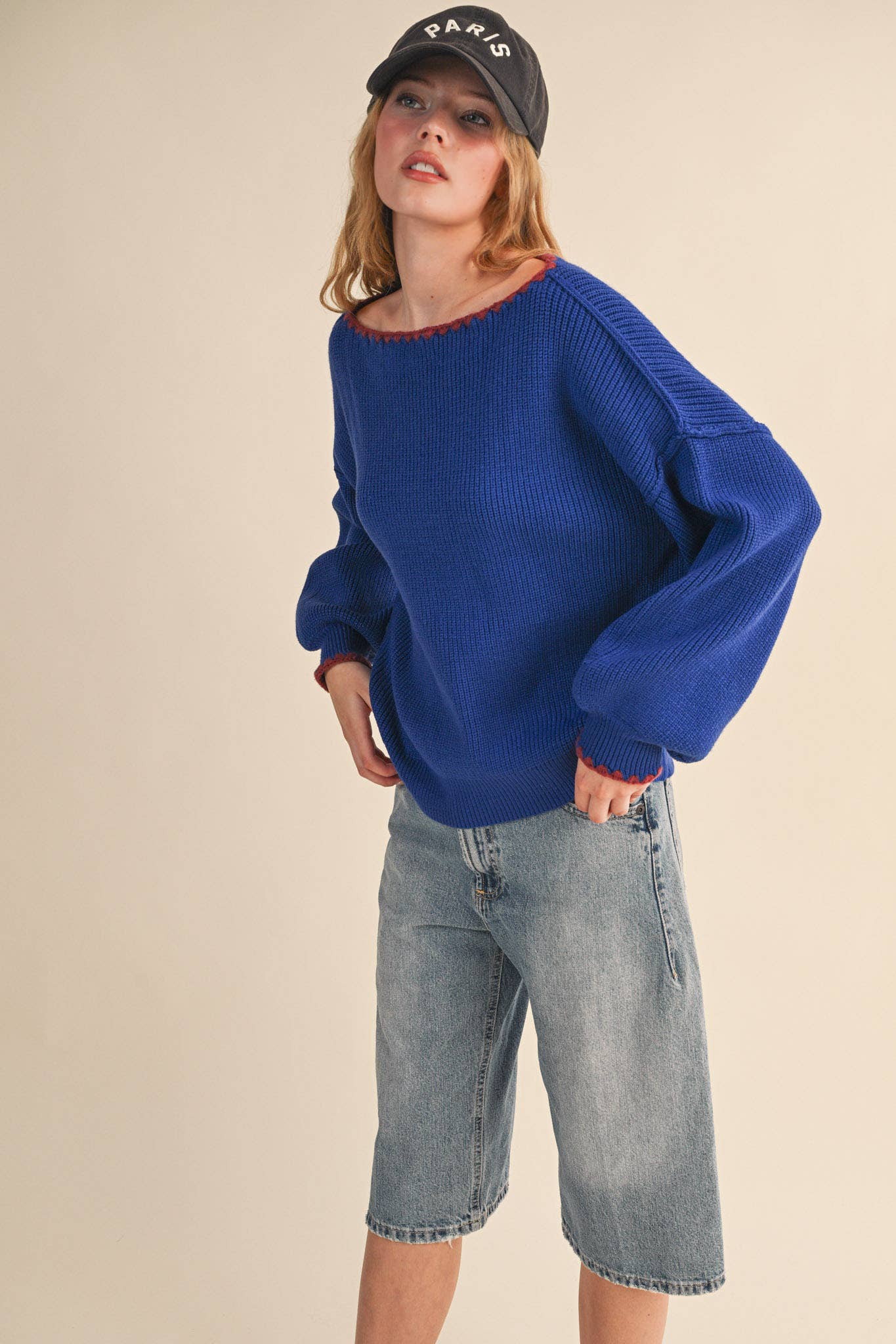 BOAT NECK TRIANGLE STITCH PUFF SLEEVE SWEATER MSW11245: CHOCOLATE CREAM