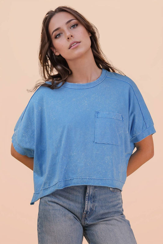 NT11429-Mineral Washed Oversized Crop Comfy Knit Top: BLUE
