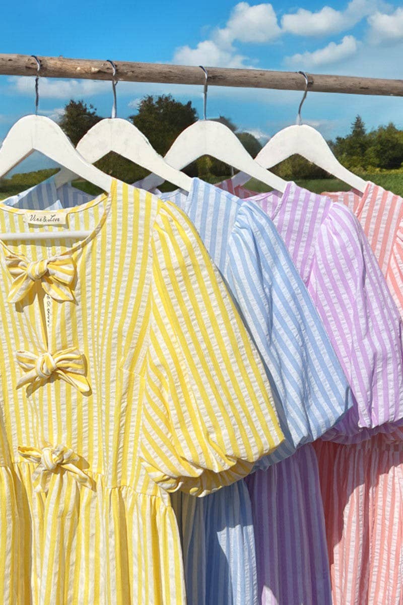 1/3 Open Tie Front Striped Puff Sleeve Blouse Top VT82682: Blue