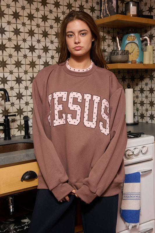 JESUS | 'JESUS' Heart Applique Varsity Sweatshirt: Brown