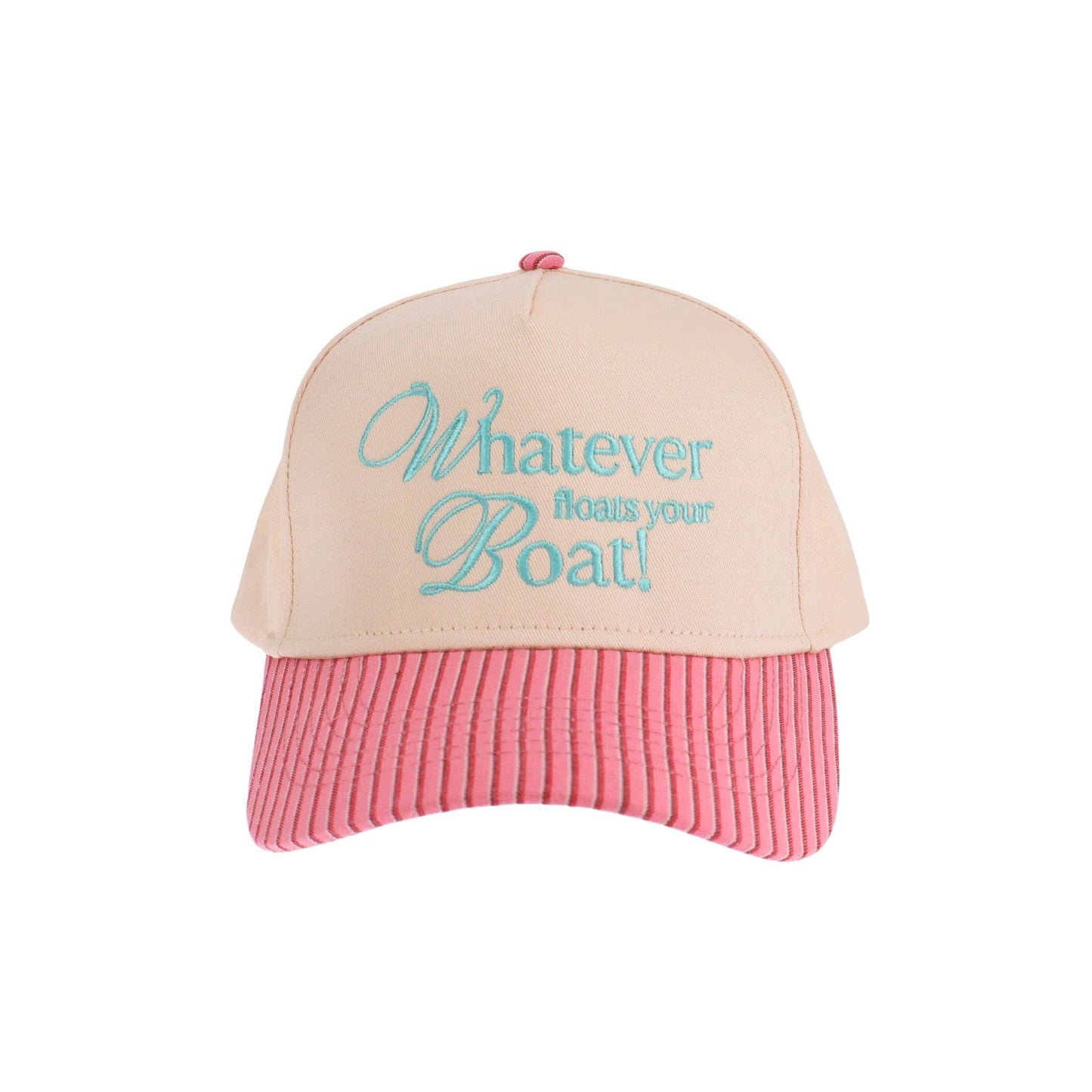 Whatever Floats Your Boat Embroidered Trucker Hat: Pink Stripe/Mint