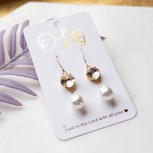 Clear Stone w/Pearl Teardrop Dangle Earrings - “Elizabeth”