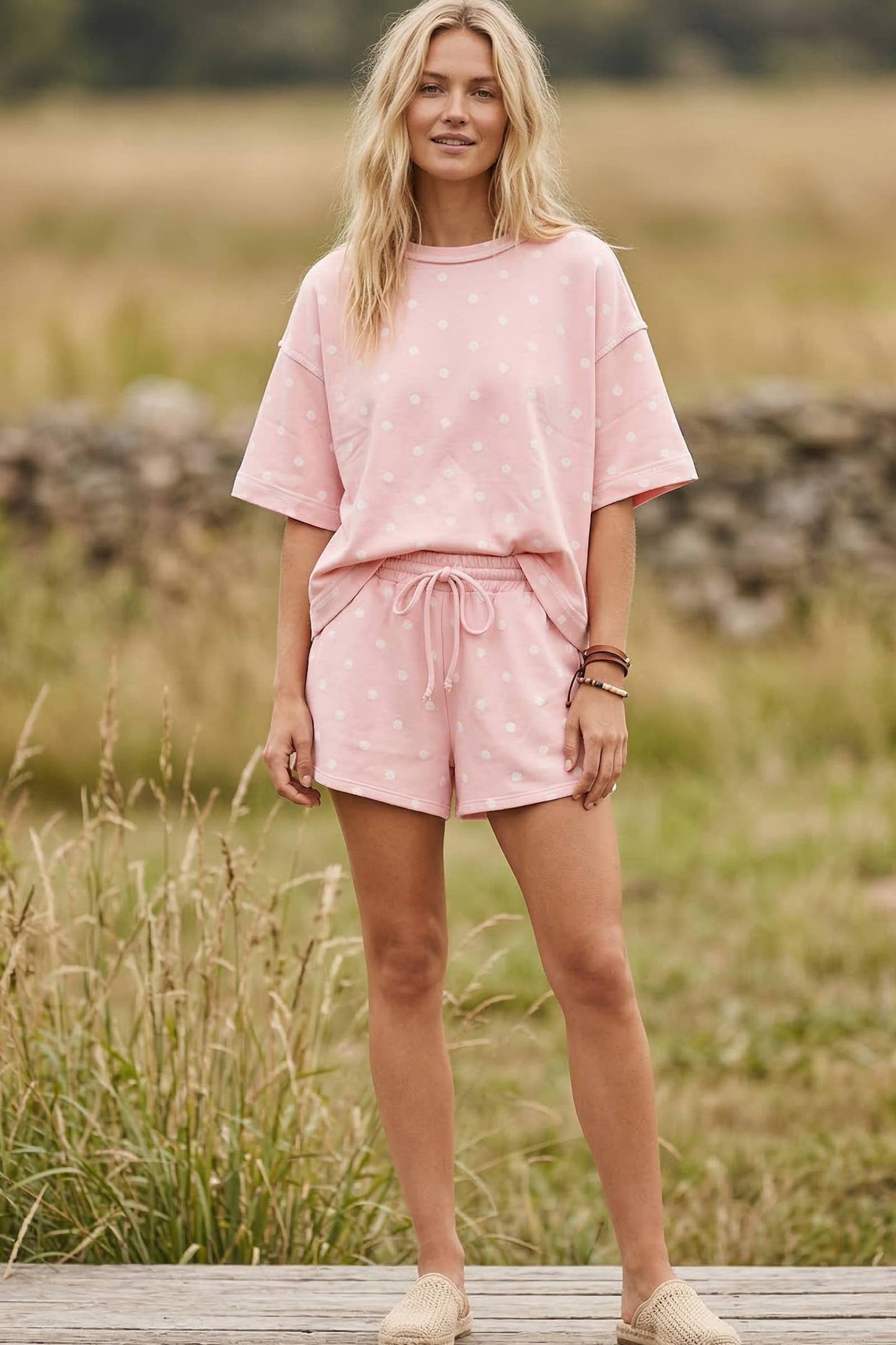 Polka Dot Heavy Scuba Top and Shorts Set: LT PINK/WHITE